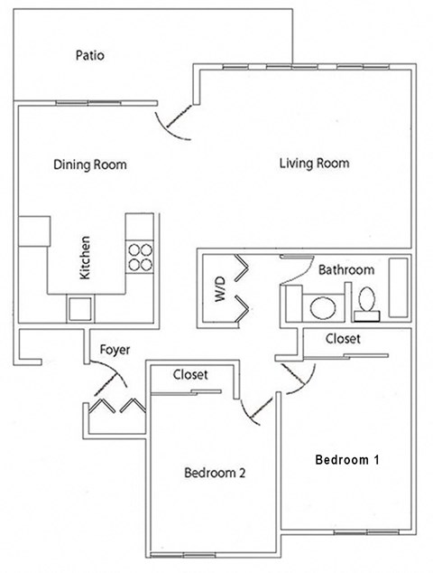 Floor plan for 2 beds, 1 bath, 1038 sqft